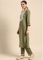 Khaki Embroidered Poly Cotton Readymade Salwar Suit