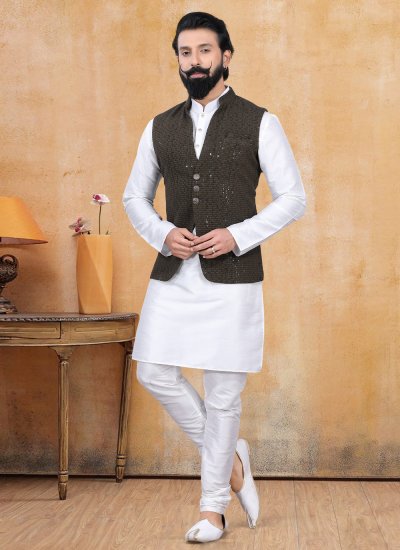 Khaki Lucknowi Sequins Nehru Jackets