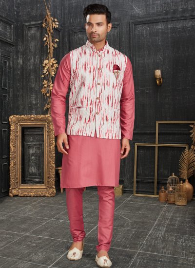 Kurta Payjama With Jacket Chicken Cotton in Off White and Pink