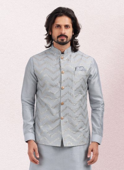Kurta Payjama With Jacket Embroidered Art Banarasi Silk in Grey