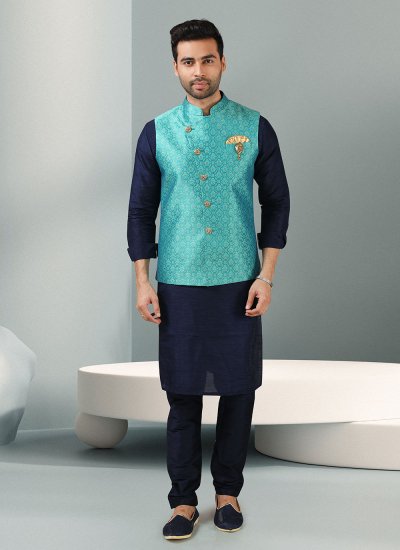 
                            Kurta Payjama With Jacket Embroidered Jacquard in Blue and Turquoise