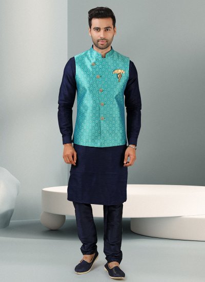 Kurta Payjama With Jacket Embroidered Jacquard in Blue and Turquoise