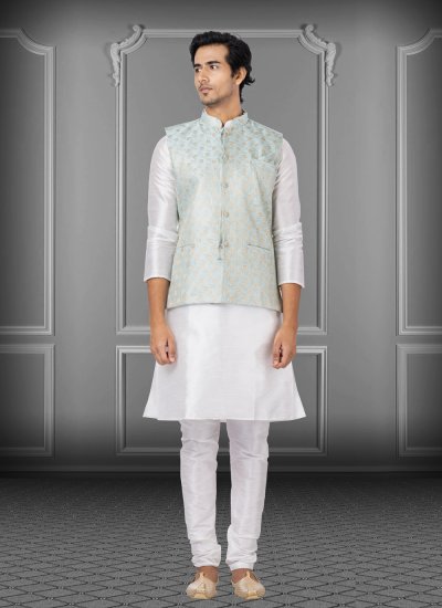 Kurta Payjama With Jacket Embroidered Linen in Green and Off White