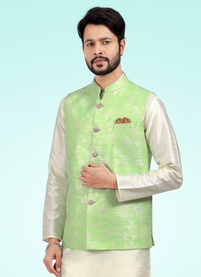 
                            Kurta Payjama With Jacket Fancy Banarasi Jacquard in Cream and Green