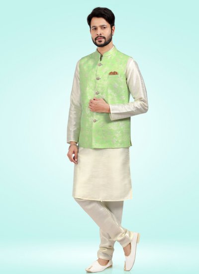 Kurta Payjama With Jacket Fancy Banarasi Jacquard in Cream and Green
