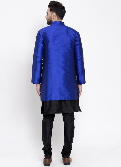Kurta Payjama With Jacket Fancy Dupion Silk in Black and Blue