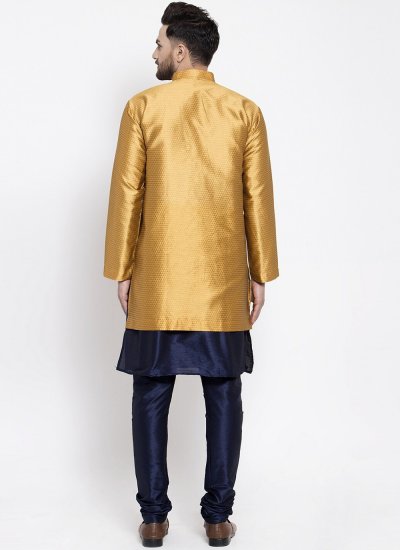 Kurta Payjama With Jacket Fancy Dupion Silk in Gold and Navy Blue