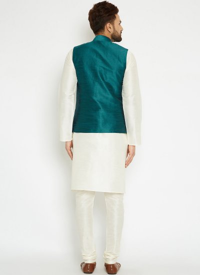 Kurta Payjama With Jacket Fancy Dupion Silk in Green and White