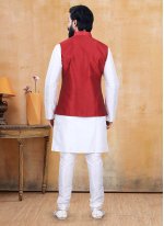 Kurta Payjama With Jacket Fancy Silk in Off White and Red