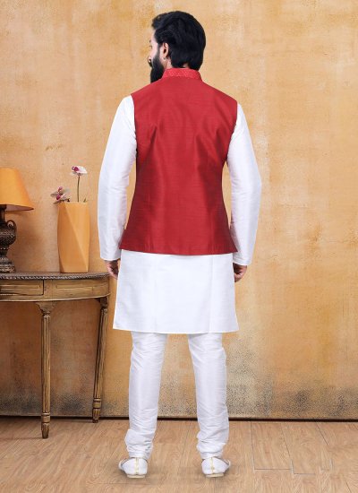 
                            Kurta Payjama With Jacket Fancy Silk in Off White and Red