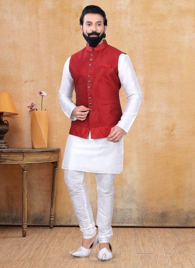 Kurta Payjama With Jacket Fancy Silk in Off White and Red