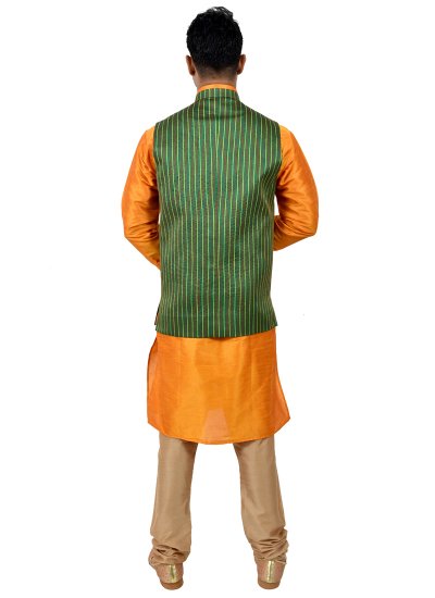 Kurta Payjama With Jacket Plain Art Silk in Orange