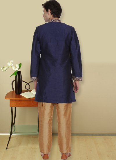 Kurta Payjama With Jacket Printed Art Dupion Silk in Navy Blue