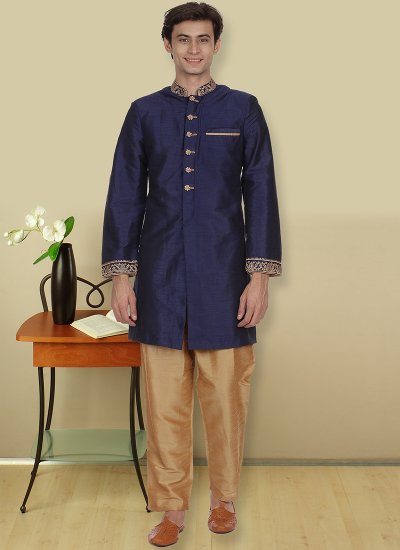 Kurta Payjama With Jacket Printed Art Dupion Silk in Navy Blue