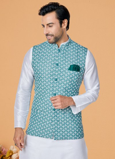 Kurta Payjama With Jacket Resham Thread Work Dupion Silk in Green and White