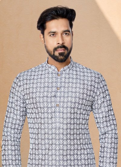 Kurta Pyjama Embroidered Cotton Silk in Grey