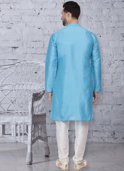 Kurta Pyjama Embroidered Dupion Silk in Blue