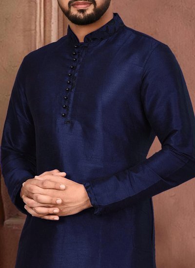 
                            Kurta Pyjama Embroidered Dupion Silk in Navy Blue