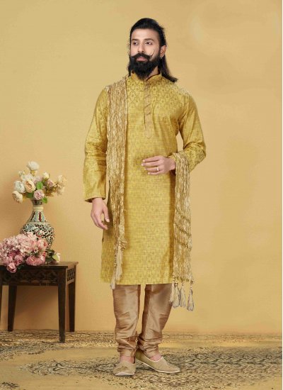 Kurta Pyjama Embroidered Jacquard Silk in Yellow