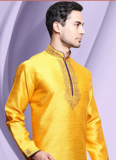 Kurta Pyjama Plain Art Dupion Silk in Yellow
