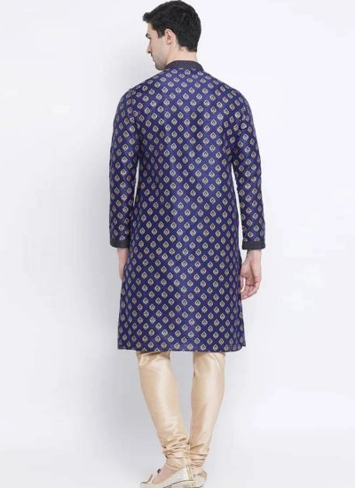 Kurta Pyjama Printed Art Dupion Silk in Navy Blue