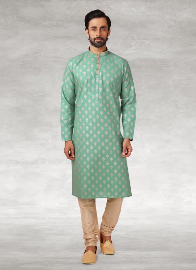 Kurta Pyjama Printed Handloom Cotton in Sea Green