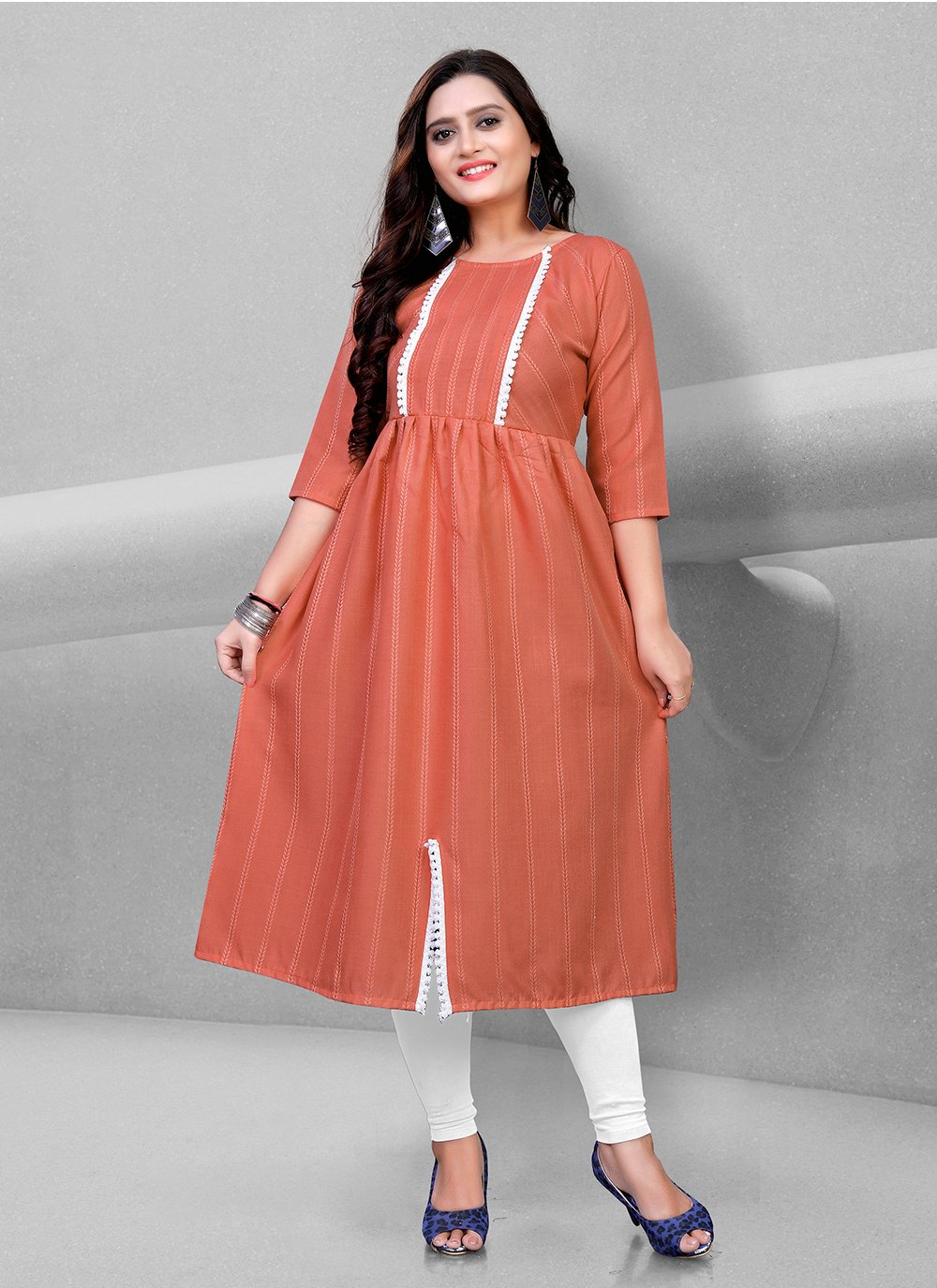 Lace Cotton Designer Kurti in Orange