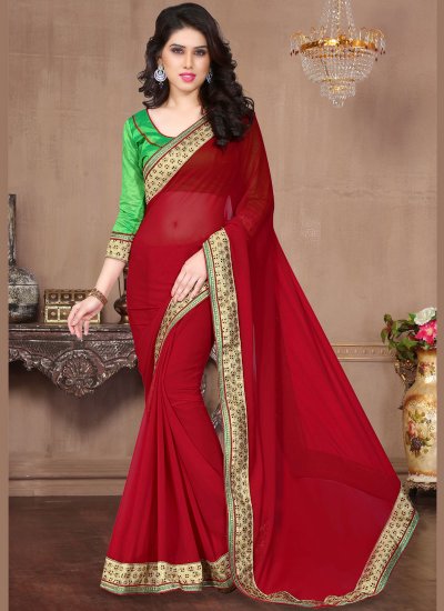 Lace Faux Georgette Classic Saree in Maroon