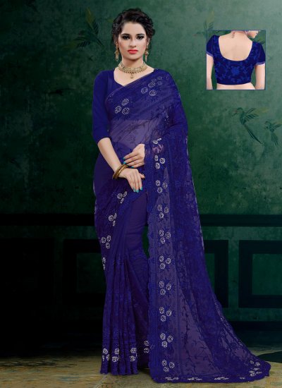 Latest Blue Embroidered Net Traditional Saree