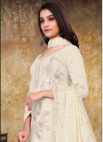 Latest Embroidered Off White Cotton Designer Straight Suit