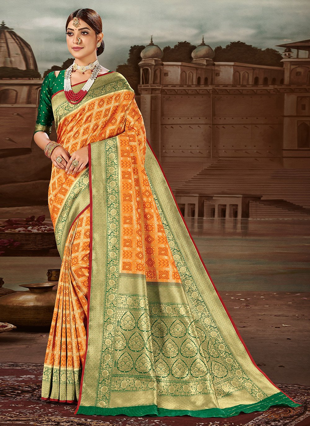 Stunning Mehandi Green Colour Saree With Magenta Border & Heavy Brocad –  garment villa