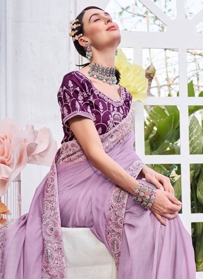 Lavender Embroidered Satin Trendy Saree
