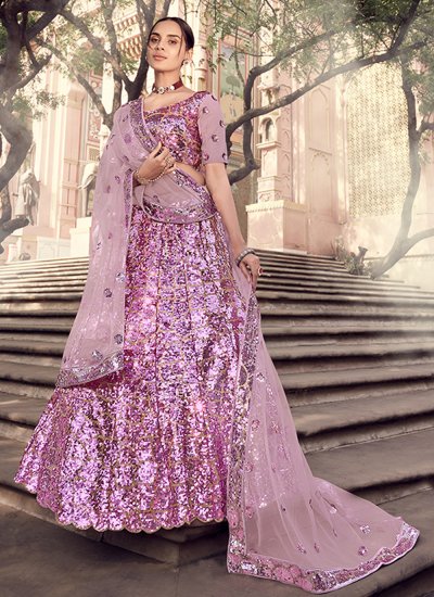 Shop Online Purple Hand Embroidered Banarasi Lehenga with Pink Dupatta –  Pure Elegance