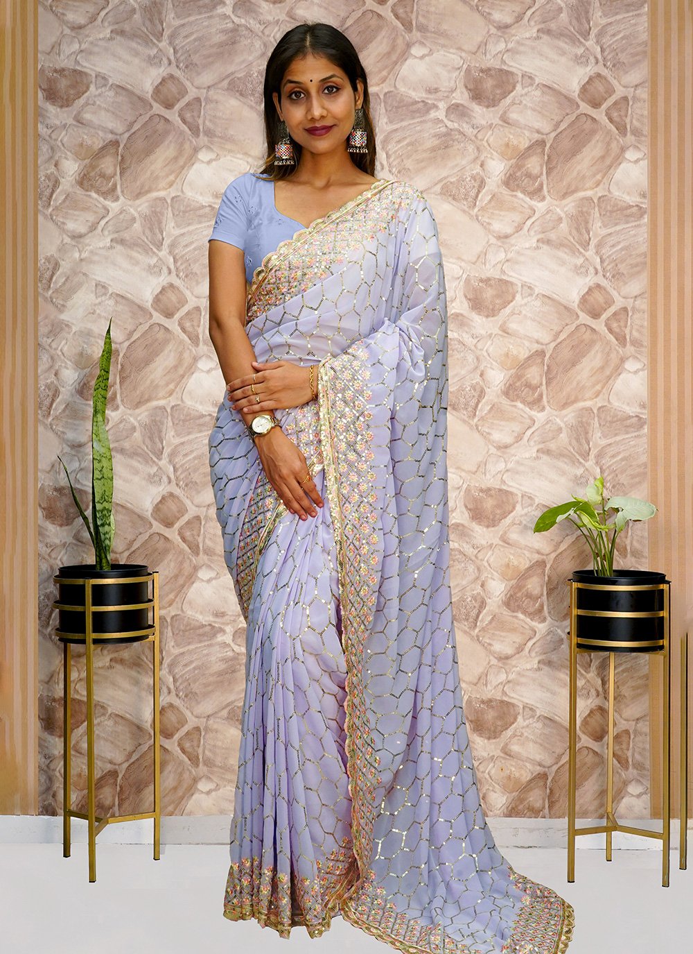 Shop Lavender Drape Saree With Moti Work Online in USA – Pure Elegance