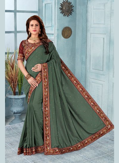 Lavish Embroidered Green Silk Designer Saree