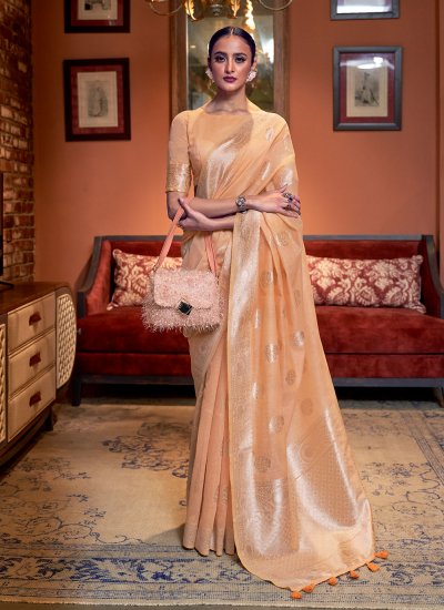 Lavish Weaving Peach Linen Classic Designer Saree