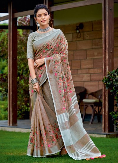 Linen Embroidered Classic Saree in Grey