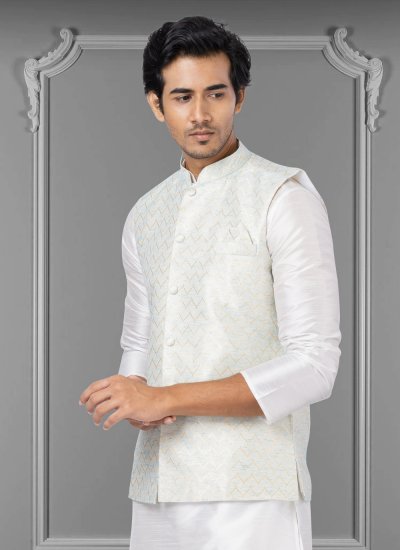 Linen Embroidered Off White Nehru Jackets