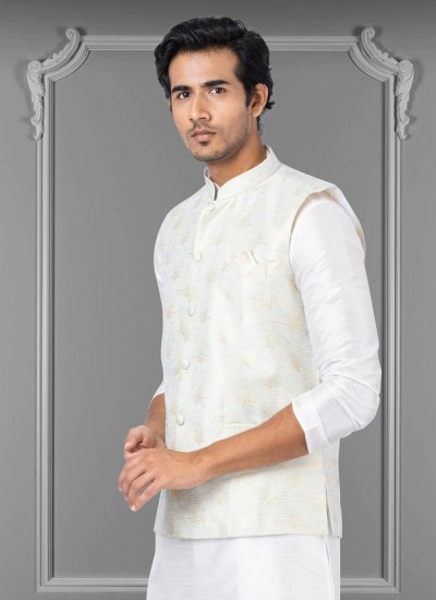 Linen Off White Embroidered Nehru Jackets