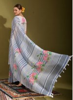 Linen Printed Blue and White Classic Saree
