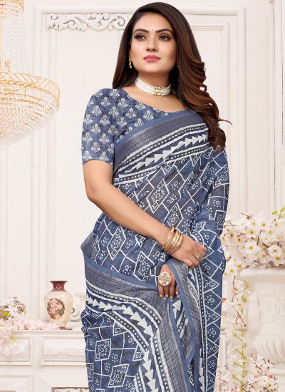 Linen Printed Saree in Blue