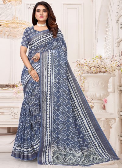 Linen Printed Saree in Blue