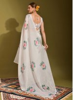Linen Printed White Classic Saree