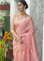 Linen Resham Classic Saree in Pink