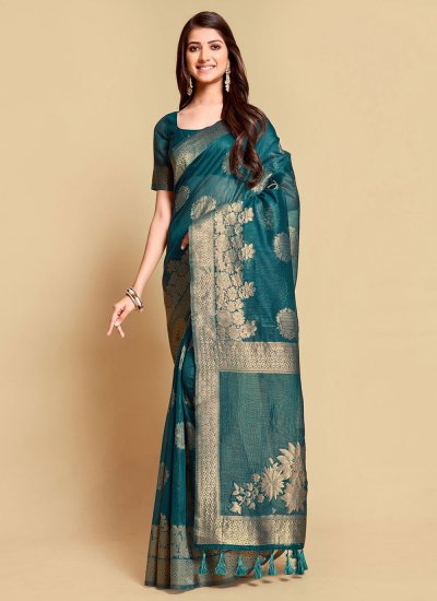 Linen Saree in Blue and Teal