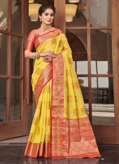Linen Weaving Classic Designer Saree in Yellow