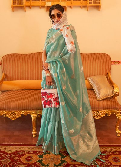 Linen Weaving Contemporary Saree in Green