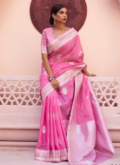 Linen Weaving Pink Contemporary Style Saree