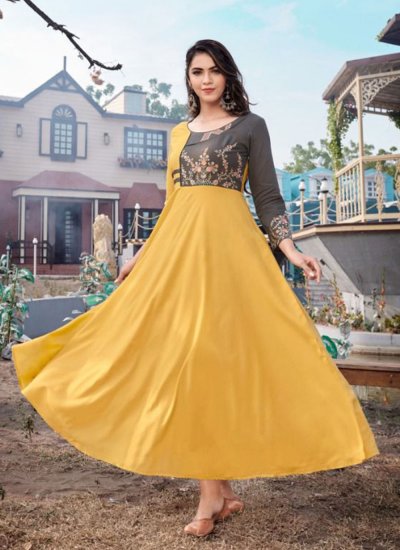 Lively Embroidered Yellow Rayon Readymade Designer Gown