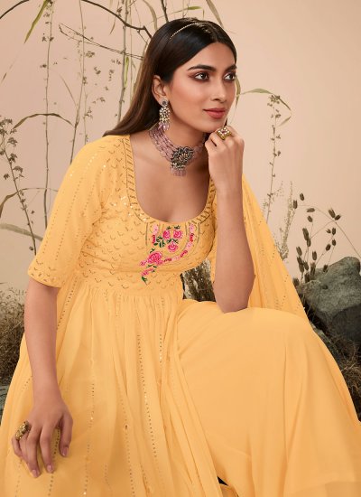 Long Length Salwar Kameez Embroidered Georgette in Yellow